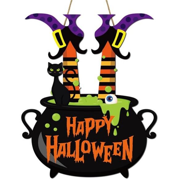 Halloween Witch Door Sign Happy Halloween Wooden Sign Plaque Witch Leg Front - Picture 1 of 8